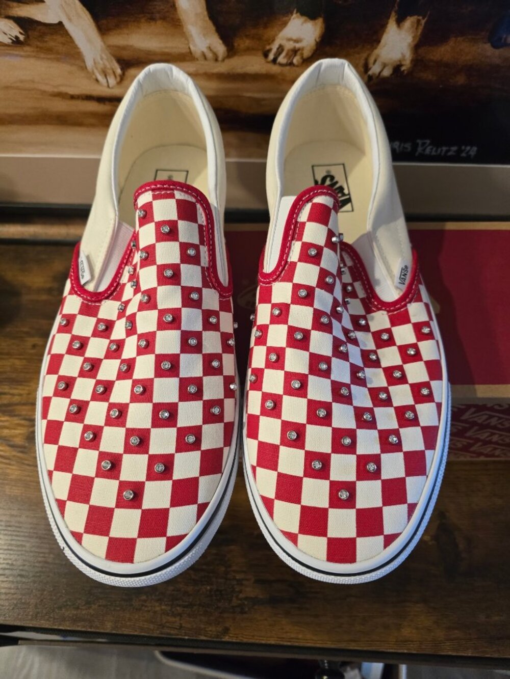 VANS Classic Slip-On Rhinestone Shoes Checkerboard Red/White VN000D6YIZQ Mens 11